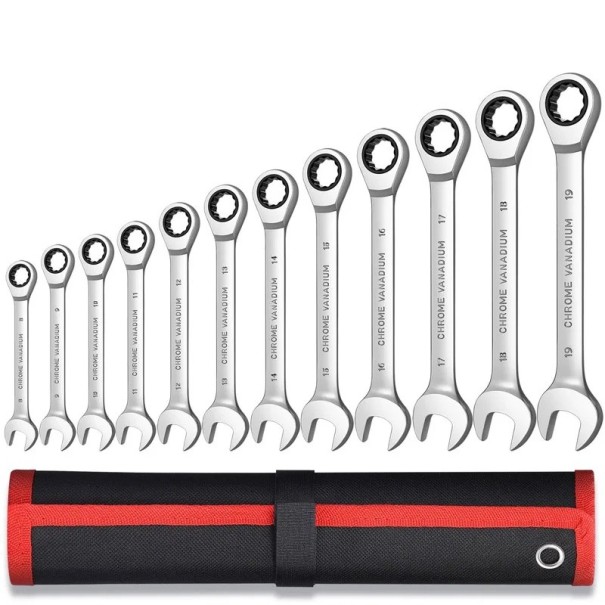 Set of 12 Ratchet Wrenches Combination Spanners with Fine Action in a Sturdy Black-Red Case 1