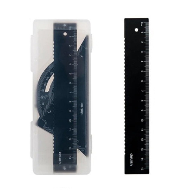 Set of 15 cm Ruler, 180° Protractor, 30° and 60° Triangular Rulers Aluminium Alloy Multifunctional Ruler Set for Drawings black