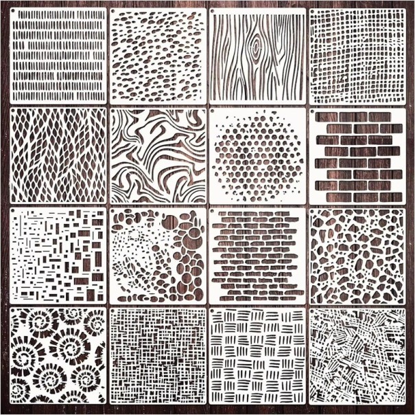 Set of 16 Texture Stencils 15.2x15.2 cm Plastic Stencils for Painting Decorations on Walls, Furniture, Canvas and Creative Crafting 1