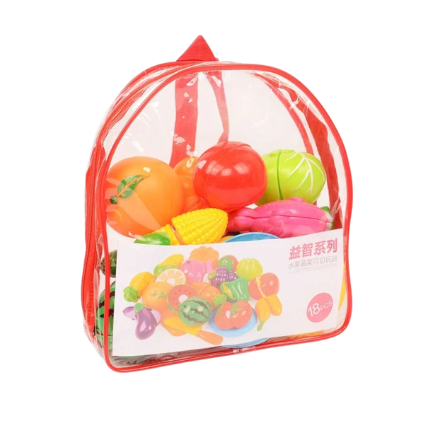 Set of 18 Kitchen Toys for Children with Fruit, Vegetables, Other Foods, Shopping Backpack 21 x 7 x 23 cm, Knife, Double-Sided Chopping Board and Plate 1
