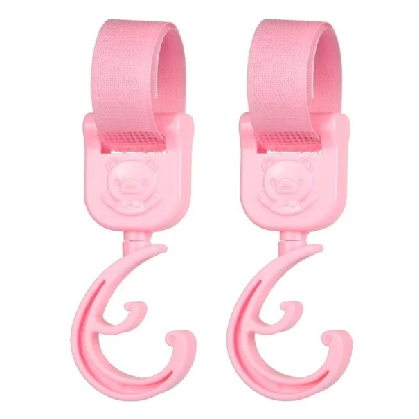 Set of 2 C-Shaped Pram Hooks 15 cm Universal Rotating Bag Holders with Velcro Attachment pink