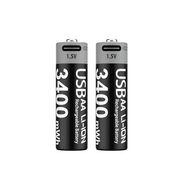 Set of 2 Rechargeable AA Batteries 3400mWh Lithium-Ion 14.5x50.5 mm with USB-C Charging Reusable Eco-Friendly Alternative to Alkaline Batteries 1