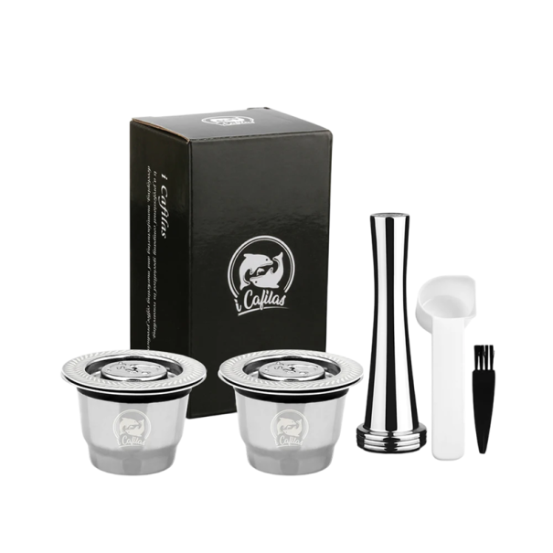 Set of 2 Stainless Steel Capsules for Ground Coffee for Nespresso Coffee Machines with Tamper, Plastic Spoon and Cleaning Brush for Reusable Use 1