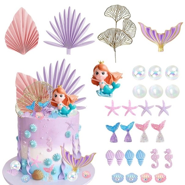 Set of 30 Mermaid Cake Decorations with Crown, Tails, Starfish, Seahorses, Pearls, Plastic Party Decorations in Purple and Pink 1