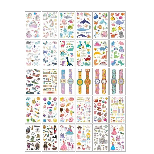 Set of 30 Temporary Tattoos 5.7 x 9.7 cm Colourful Children's Designs Sea Dinosaurs Pirates Watches and Princesses 1