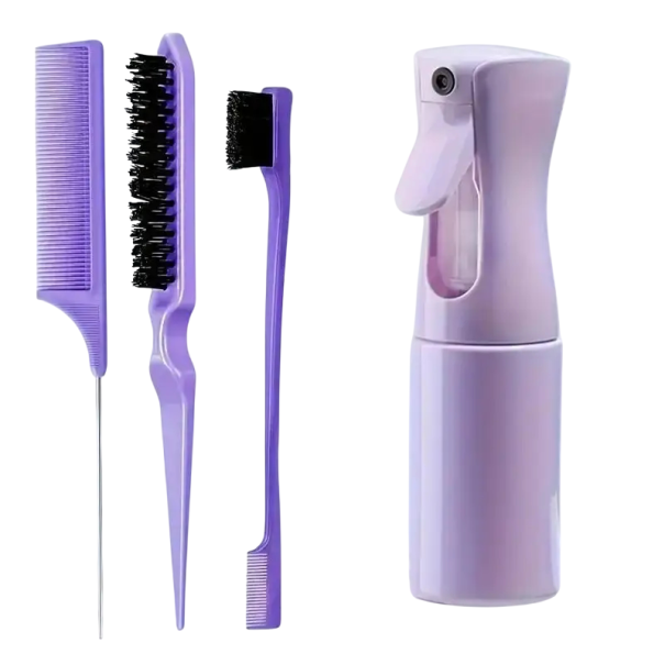 Set of 4 Hairdressing Tools Spray Bottle 200 ml Pointed Comb Hair Brush Double-Sided Edge Brush Hair Styling purple