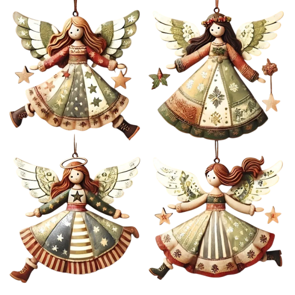Set of 4 Wooden Christmas Ornaments Angel 8 cm 2D Hanging Decorations Made from Natural Wood Hand Carved Christmas Tree Home Decoration 1