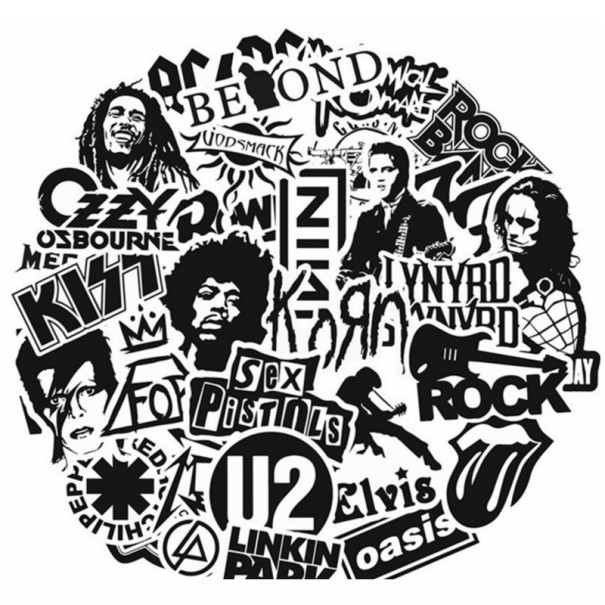 Set of 50 black and white PVC stickers for rock music fans Band and musician designs Die-cut to shape Size 4 to 8 cm 1