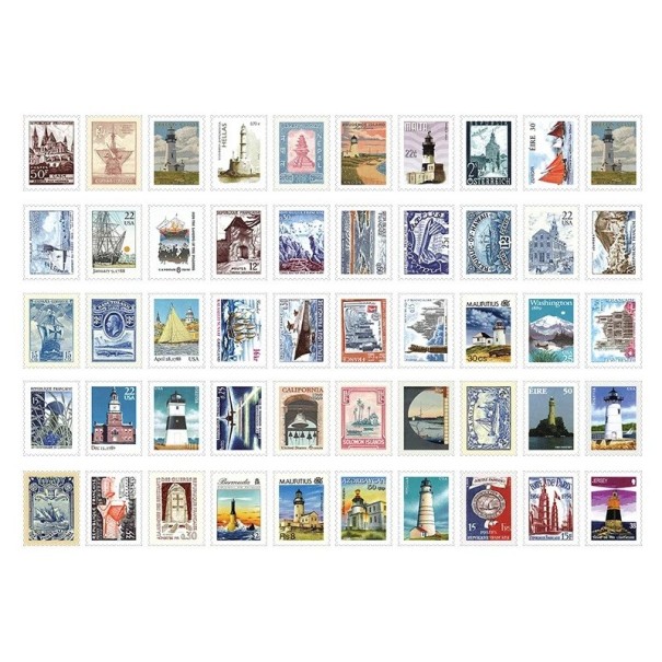 Set of 50 Lighthouse-Themed Stamp-Shaped Stickers 30x40 mm for Decorations and Creative Projects 1