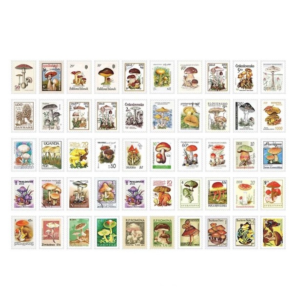 Set of 50 Mushroom-Themed Stamp-Shaped Stickers 30x40 mm for Creative Projects 1