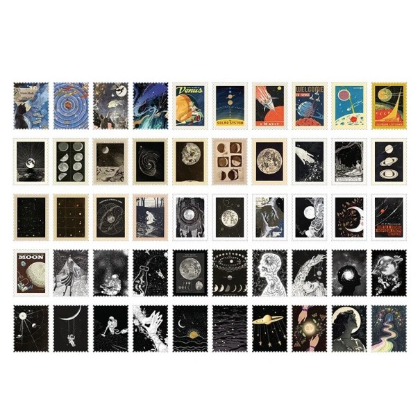 Set of 50 Stamp-Shaped Stickers, Space Themes 30 x 40 mm, Designs of Planets, Moon, Stars 1
