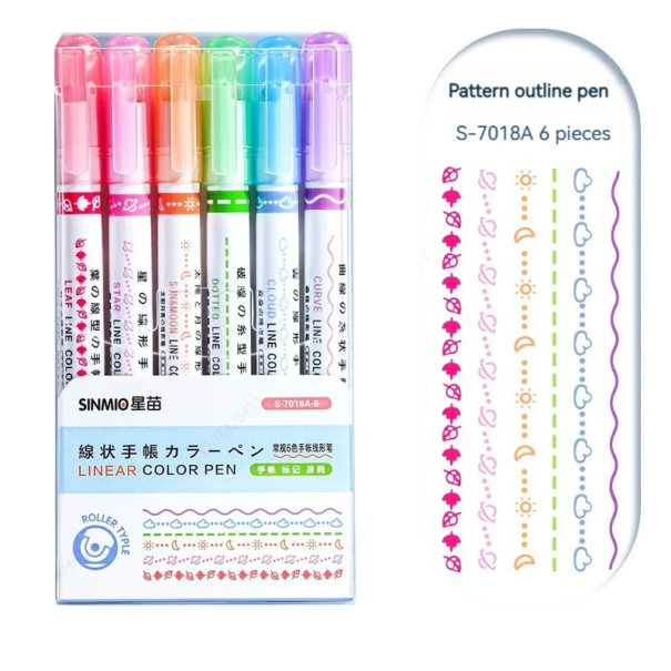 Set of 6 Decorative Pens 13 cm with Roller Tip Creating Leaves, Stars, Dots, Arches, Clouds and Wavy Lines 1