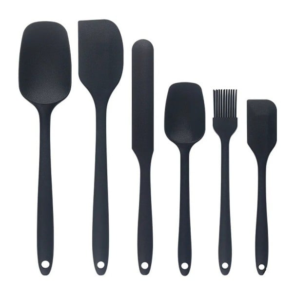 Set of 6 Silicone Kitchen Utensils for the Home Spatula Turner Basting Brush Baking and Cooking Tools black
