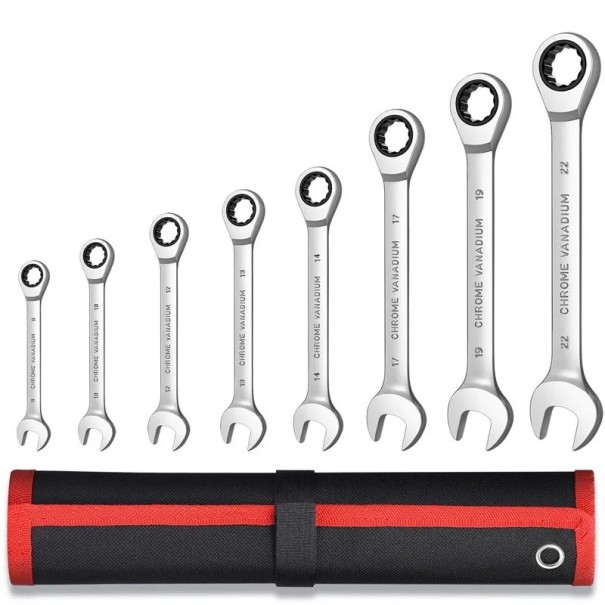Set of 8 Ratchet Spanners Combined Open-End and Ring Spanners with Fine Action in a Sturdy Black-Red Case 1
