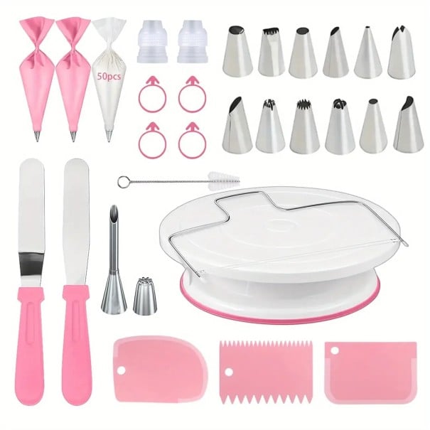 Set of 80 Piping Tools for Cake Decorating Metal Nozzles Spatulas Scrapers Piping Bags Complete Baking Set pink