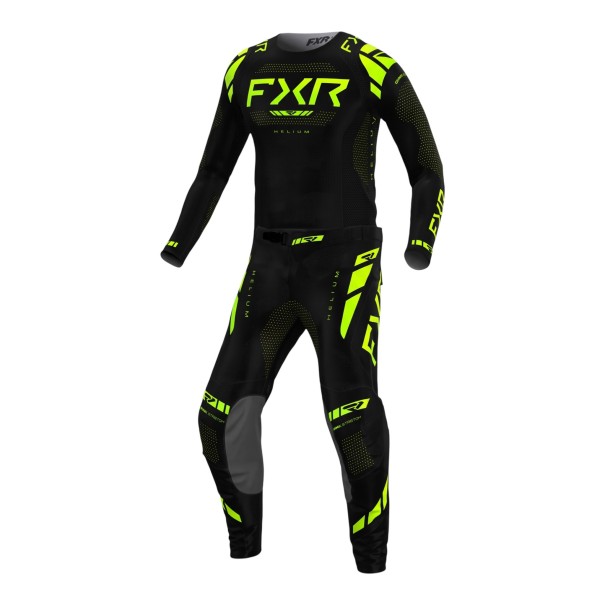Set of Black Long Sleeve Motocross Jersey and Trousers with Belt and Buckle at the Waist and Neon Yellow Stripes for Motorbike and Quad XS