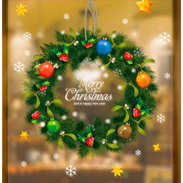 Set of Christmas PVC Window Stickers 45 x 30 cm Christmas Wreath Snowflakes and Stars Reusable Winter Window Decoration 1