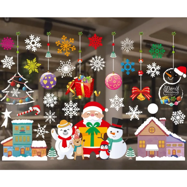Set of Christmas PVC Window Stickers 50 x 70 cm Reusable Glass Decoration Snowflakes Trees Reindeer Christmas Decoration 1