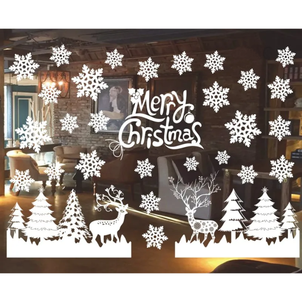 Set of Christmas PVC Window Stickers 50 x 70 cm White Snowflakes Trees and Reindeer Static Decoration Without Adhesive Winter Glass Ornament 1