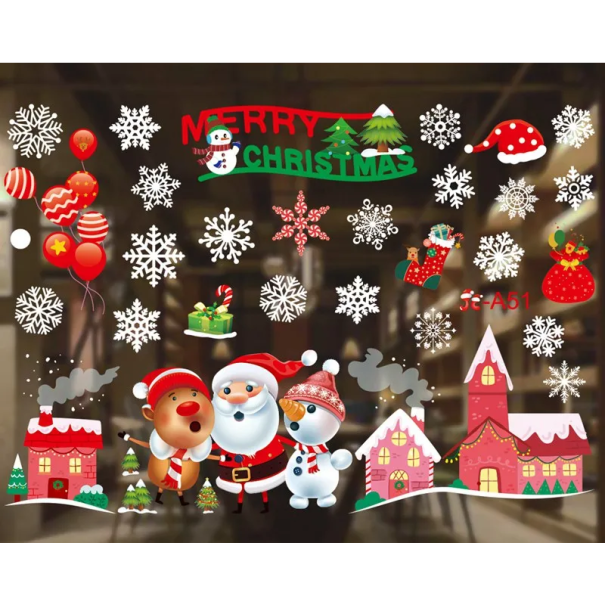 Set of Christmas Window Stickers 50 x 70 cm PVC Glass Decorations Snowflakes Snow-Covered Houses Christmas Ornaments Winter Interior Decoration 1