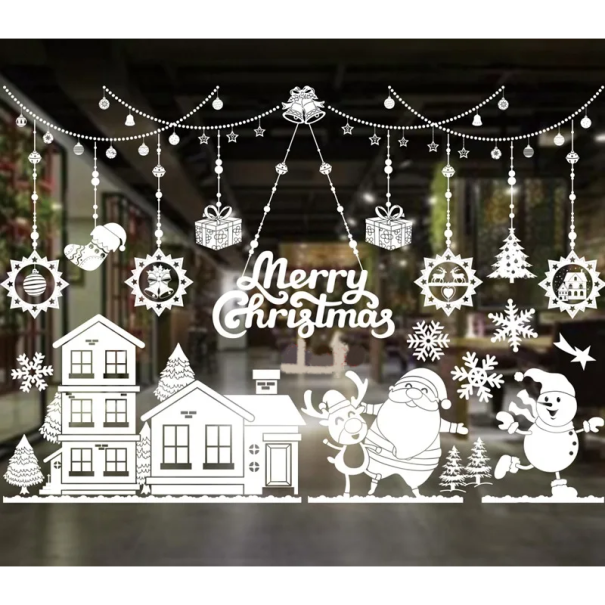 Set of Christmas Window Stickers 50 x 70 cm White PVC Chains with Decorations and Snowflakes Static Glass Decorations Winter Decor 1