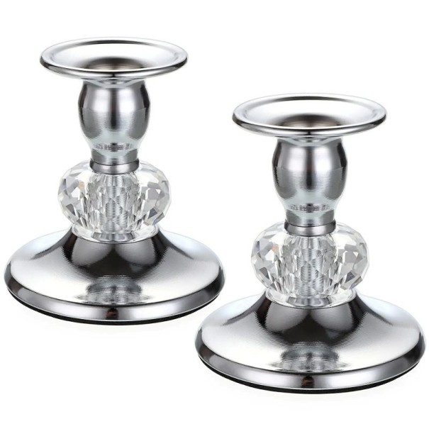 Set of Metal Candle Holders for Cone Candles with Crystal Element 2 pcs Metal Stand Candle Diameter 2.3 cm Table Decoration for Weddings and Celebrations silver