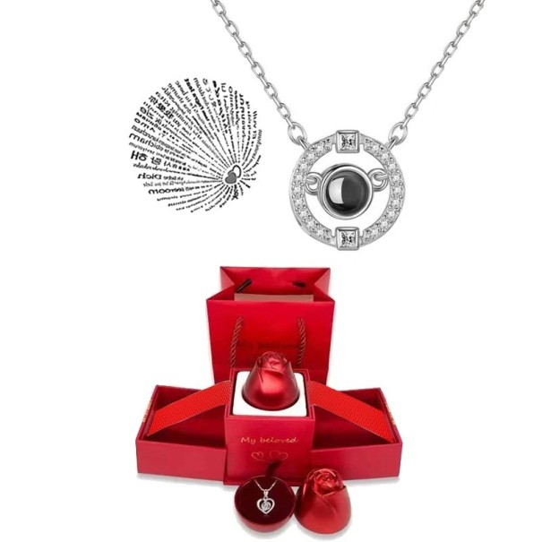 Set of Projection Necklace with Gemstones Titanium Chain Projection I Love You in 100 Languages Gift Box in the Shape of a Rose silver