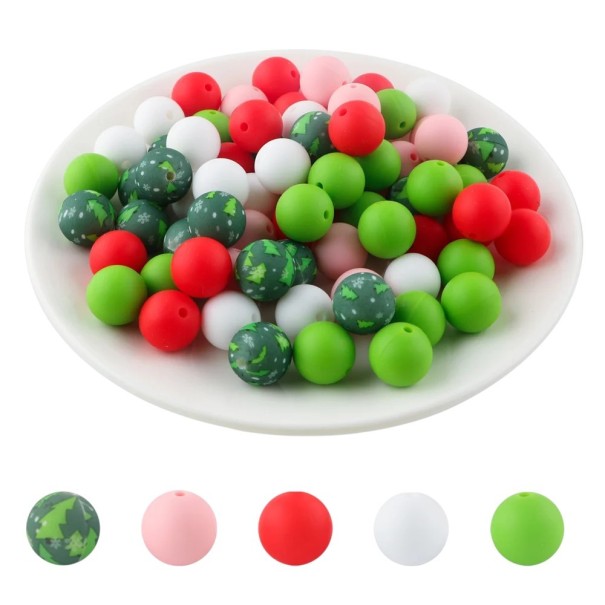Set of Round Silicone Beads 15 x 15 mm 20 pcs in Five Christmas Colours with 4 Pieces Each for Making Bracelets, Necklaces, Charms and Decorations 1