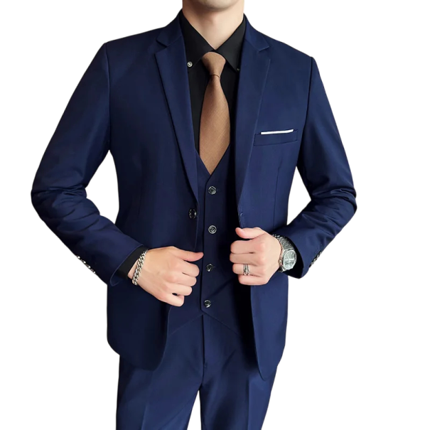 Set pentru bărbați din poliester Săptămână elegantă de sacou, vestă și pantaloni pentru bărbați Costum formal monocrom cu buzunare și buzunar pe piept Complect stilat cu nasturi albastru S