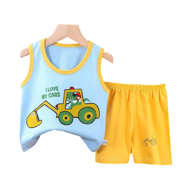 Set pentru copii modro-galben cu imprimeu de excavator, tricou cu bretele late și pantaloni scurți cu elastic, unisex, din bumbac, ținută de vară 3