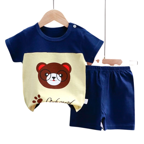 Set pentru copii tricou cu mânecă scurtă și pantaloni scurți cu elastic Unisex complet din bumbac cu tricou bleu închis și imprimeu cu urs 12-18 luni