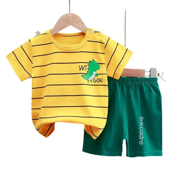 Set per bambini con maglietta a maniche corte e pantaloni corti in gomma Completo unisex in cotone con maglietta gialla e stampa di dinosauro 12-18 mesi