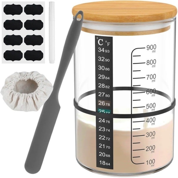 Set per la preparazione del lievito madre con barattolo da 900 ml 15 × 10 cm, spatola, copertura in tessuto, nastro termico, etichette descrittive 1