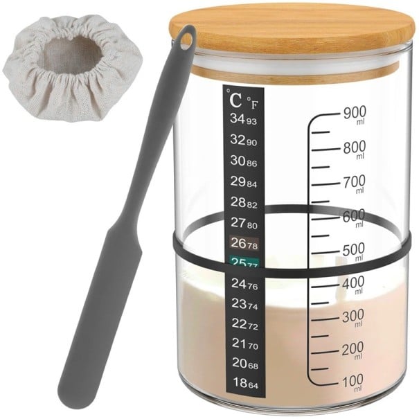 Set per la preparazione del lievito madre con barattolo da 900 ml 15 x 10 cm, spatola in silicone, copertura in tessuto, coperchio in legno e elastico 1