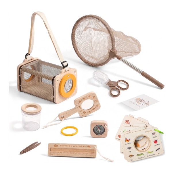 Set per piccoli naturalisti 9 pezzi Scatola in legno per insetti con tracolla Rete telescopica Lente di ingrandimento Bussola e schede 1