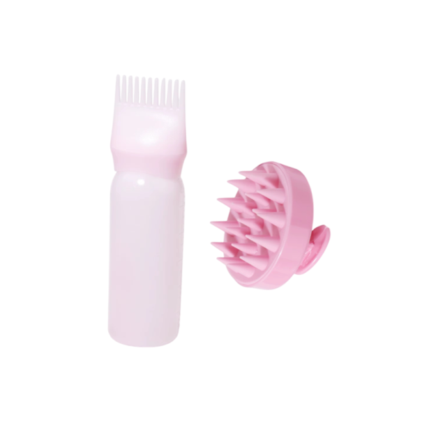 Set perie de masaj pentru păr și sticluță cu aplicator Perie moale din silicon pentru scalp Masaj exfoliere șampon ulei roz