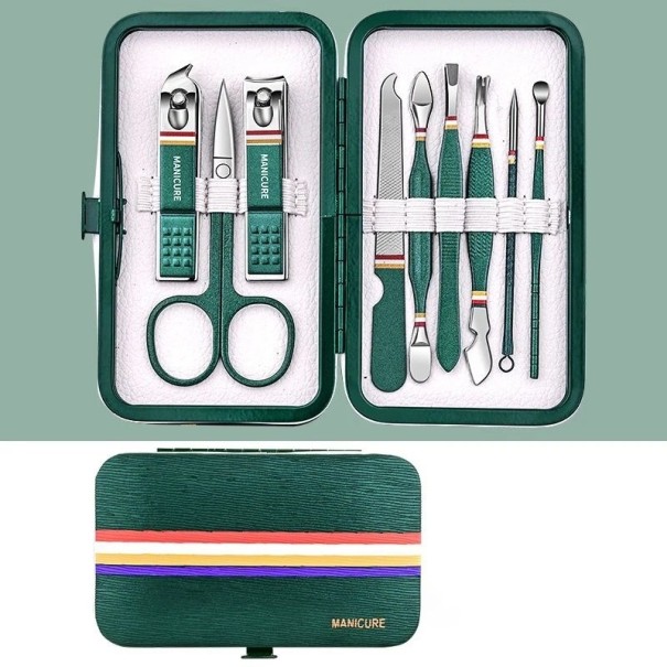Set profesional de manichiură pedichiură din oțel inoxidabil Set de instrumente de îngrijire a unghiilor pentru picioare, în carcasă de piele, clești, pile pentru unghii, lingură pentru urechi, foarfece, pensete 9 buc. verde