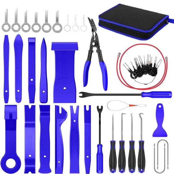 Set profesional de scule cu 43 de piese pentru demontarea interiorului mașinii. Scule pentru bord și panou. Range și clește ergonomice într-o cutie cu fermoar. albastru
