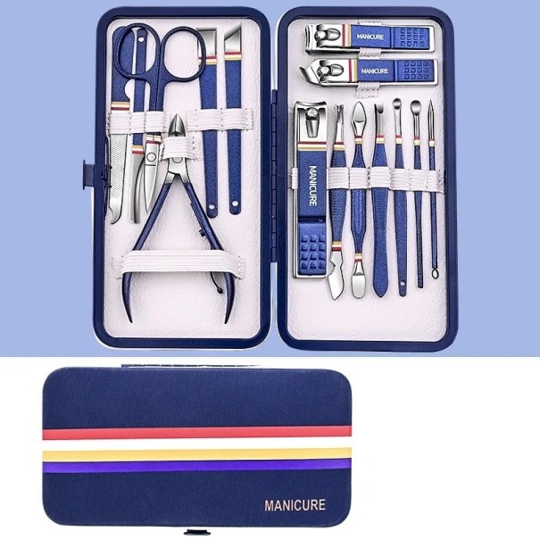 Set professionnel de manucure et pédicure en acier inoxydable Ensemble d'outils pour le soin du visage, des pieds et des ongles des mains et des pieds dans une pochette en cuir Pince à épiler, lime à ongles, cuillère auriculaire, ciseaux, pince à épiler 15 pièces bleu