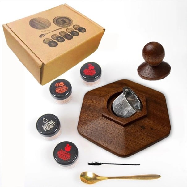 Set Rauchinfusor für Whisky Holz Hexagon + 4 Sorten Späne Pinsel und Löffel dunkles Holz zur Aromatisierung