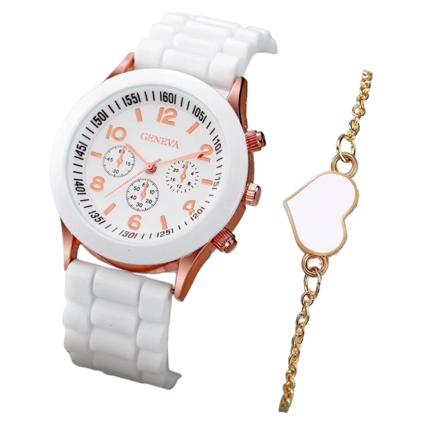 Set regalo da donna con orologio e bracciale a forma di cuore bianco