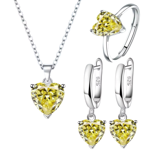 Set romantic de bijuterii din argint 925 Motiv inimă Cercei Inel Colier Set cadou pentru femei galben