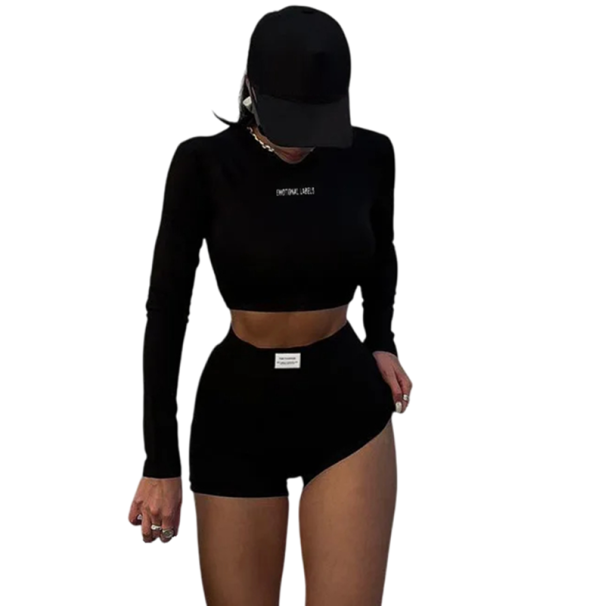 Set sport din două piese pentru femei, top scurt cu mâneci lungi și decolteu rotund, pantaloni scurți elastici strâmți, set fitness pentru exerciții fizice negru S