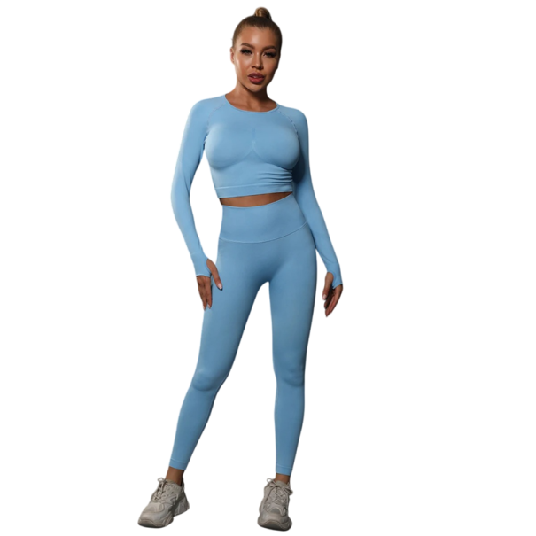 Set sportiv pentru femei format din colanți și tricou cu mânecă lungă, talie înaltă, material elastic fără cusături, elastan și nailon, pentru fitness, yoga și alergare albastru deschis L