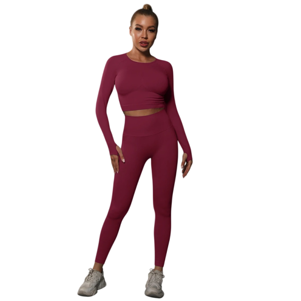 Set sportiv pentru femei format din colanți și tricou cu mânecă lungă, talie înaltă, material elastic fără cusături, elastan și nailon, pentru fitness, yoga și alergare burgundy L