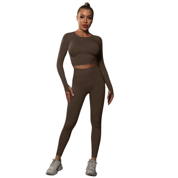 Set sportiv pentru femei format din colanți și tricou cu mânecă lungă, talie înaltă, material elastic fără cusături, elastan și nailon, pentru fitness, yoga și alergare maro L