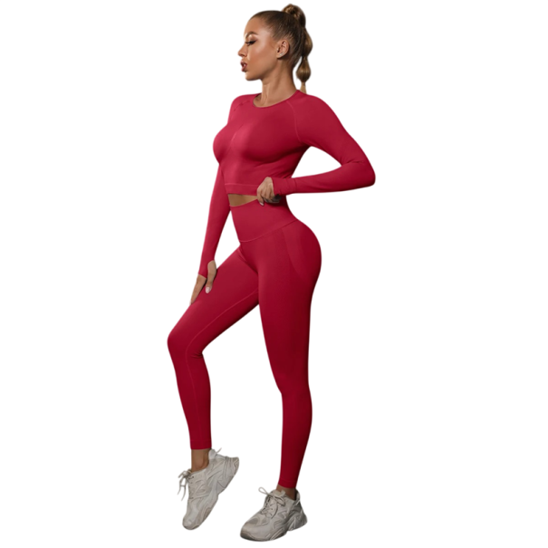 Set sportiv pentru femei format din colanți și tricou cu mânecă lungă, talie înaltă, material elastic fără cusături, elastan și nailon, pentru fitness, yoga și alergare roșu L