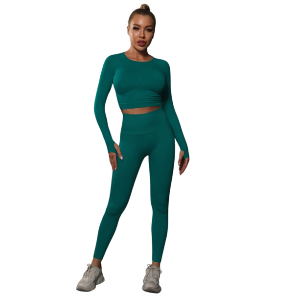 Set sportiv pentru femei format din colanți și tricou cu mânecă lungă, talie înaltă, material elastic fără cusături, elastan și nailon, pentru fitness, yoga și alergare turcoaz L
