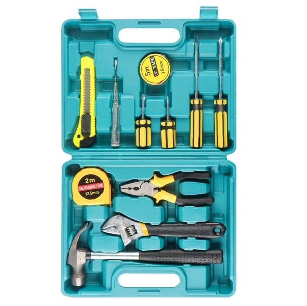 Set universal de scule manuale 12 buc cu carcasă din plastic Ciocan Șurubelnițe Clește Cheie Mașină de măsurat Tester de cuțit Echipament practic 1