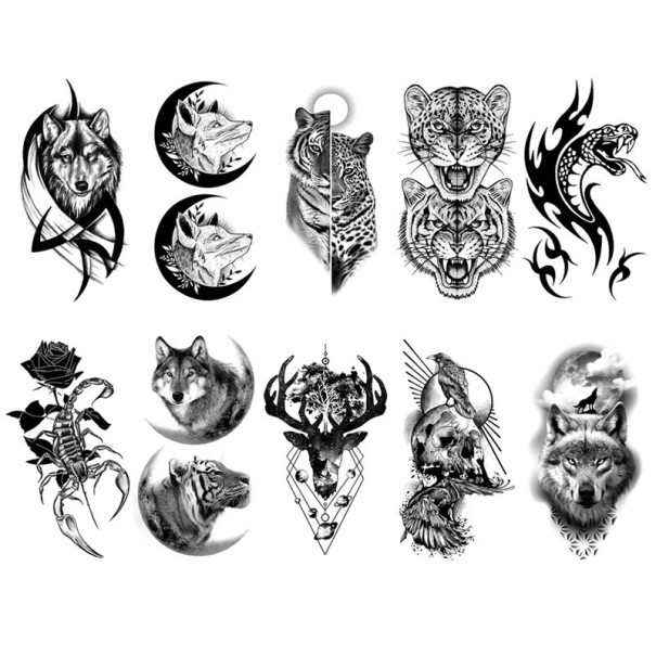 Set van 10 waterdichte tijdelijke tatoeages 10,5 x 6 cm Donkere wolf Leeuw Tijger Adelaar Slang Hert Skelet Schorpioen Tatoeages voor vrouwen en mannen 1